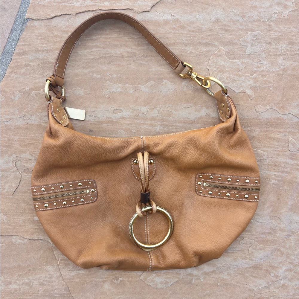 Chic Tan Hobo Bag with Gold Detailing